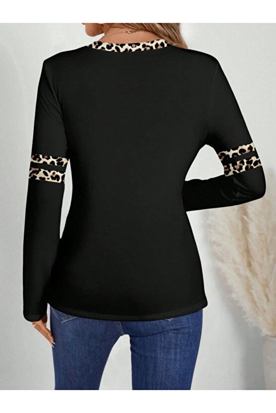 Kadın Uzun Kollu V Yakalı Leopar Desenli Viskon Iki Iplik Bluz