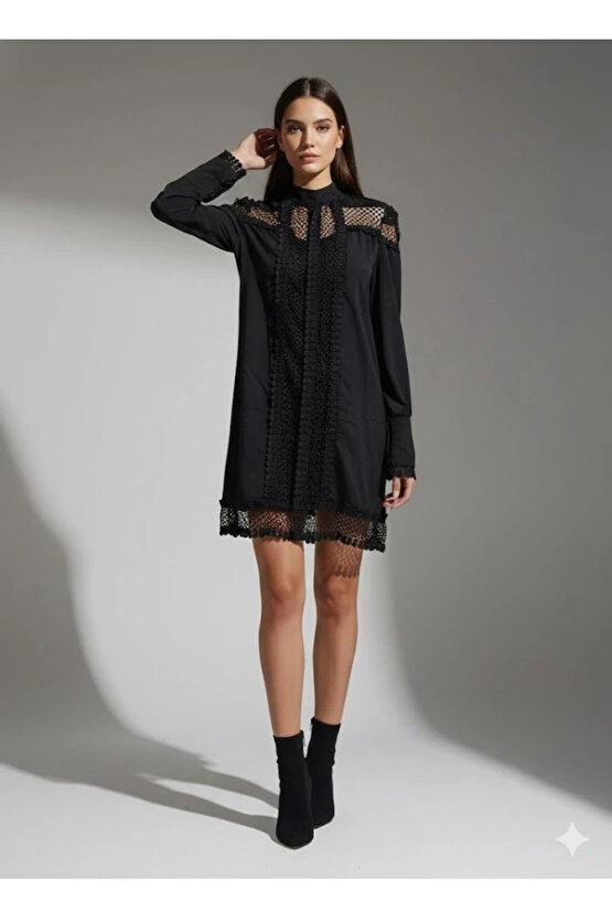 Kadın Uzun Kollu Yarım Balıkçı Yaka Transparan Detaylı Mini Elbise