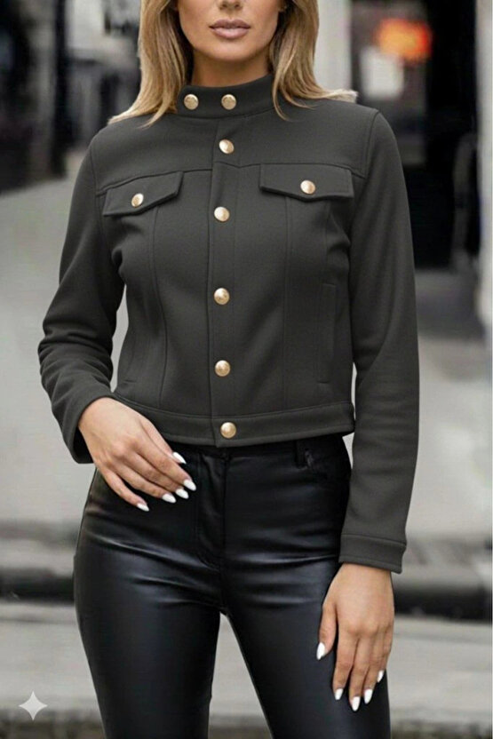 MDB Kadın Uzun Kollu Yakadan Ve önden Düğmeli Süet Kısa Ceket