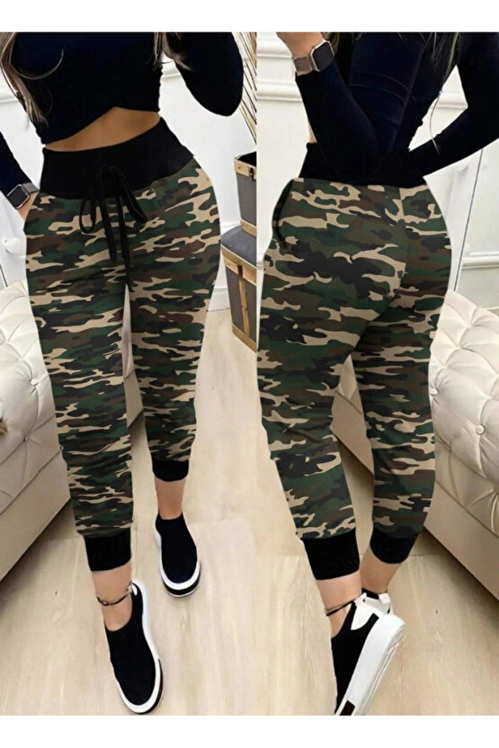 Kadın Yüksek Bel Bağcıklı Desenli Iki Iplik Pantolon