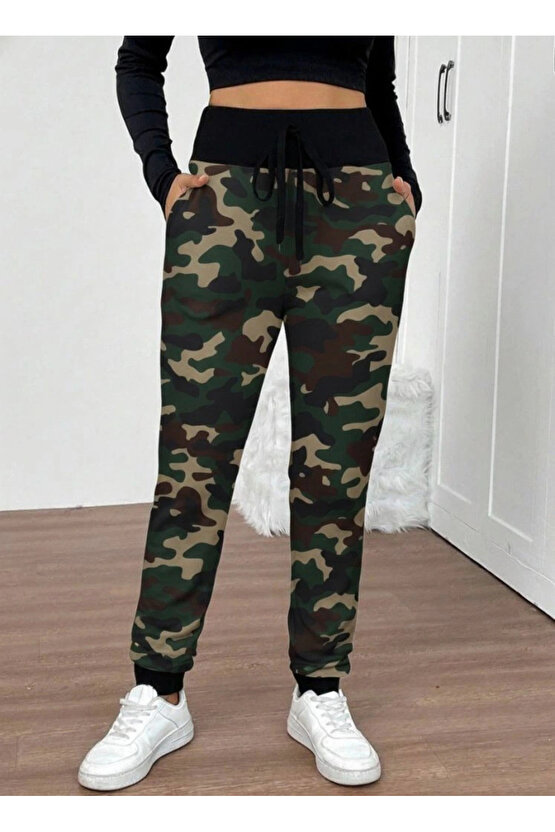 Kadın Yüksek Bel Bağcıklı Desenli Iki Iplik Pantolon