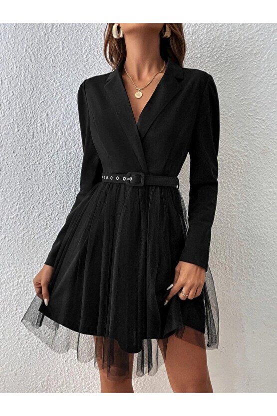 Kadın Uzun Kollu Yakalı Belinde Kemer Detaylı Mini Tüllü Ithal Krep Elbise