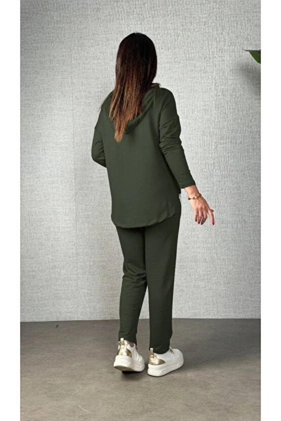 MDB Kadın Uzun Kollu Kapşonlu Bağcıklı Viskon Iki Iplik Bluz Ve Pantolon Ikili Takım
