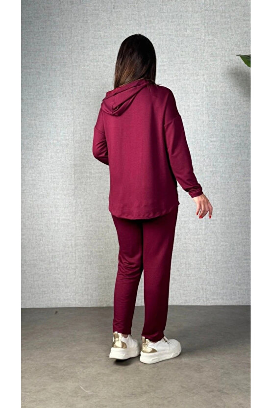 MDB Kadın Uzun Kollu Kapşonlu Bağcıklı Viskon Iki Iplik Bluz Ve Pantolon Ikili Takım