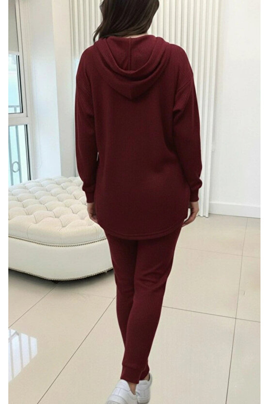 Kadın Uzun Kollu Kapşonlu Meloni Bluz Ve Pantolon Ikili Takım