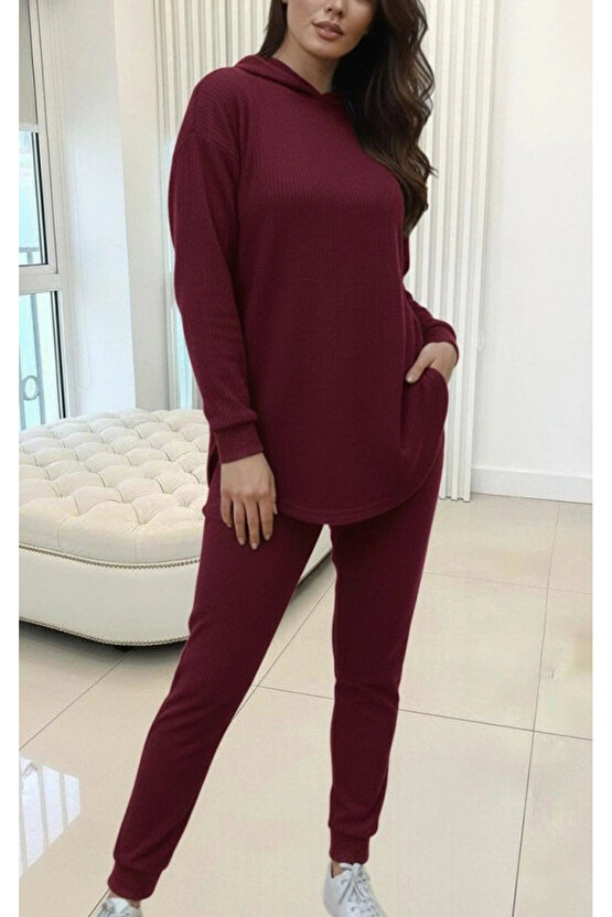 Kadın Uzun Kollu Kapşonlu Meloni Bluz Ve Pantolon Ikili Takım