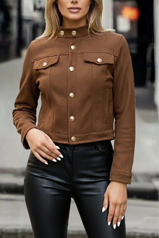 Kadın Uzun Kollu Yakadan Ve önden Düğmeli Süet Kısa Ceket
