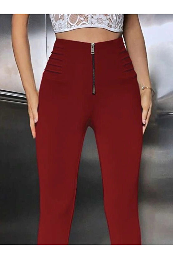 MDB Kadın Yüksek Belli önden Fermuar Ve Nervur Detaylı Dalgıç Tayt