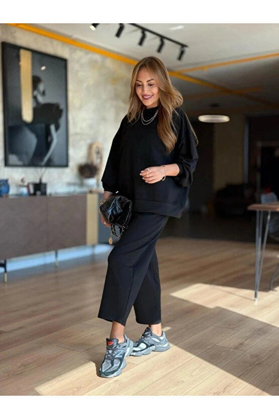 Kadın Uzun Kollu Bisiklet Yaka Viskon Iki Iplik Bluz Ve Pantolon Ikili Takım