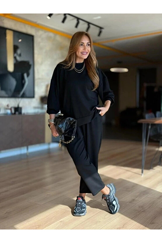 Kadın Uzun Kollu Bisiklet Yaka Viskon Iki Iplik Bluz Ve Pantolon Ikili Takım