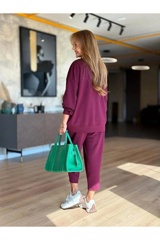 Kadın Uzun Kollu Bisiklet Yaka Viskon Iki Iplik Mor Bluz Ve Pantolon Ikili Takım