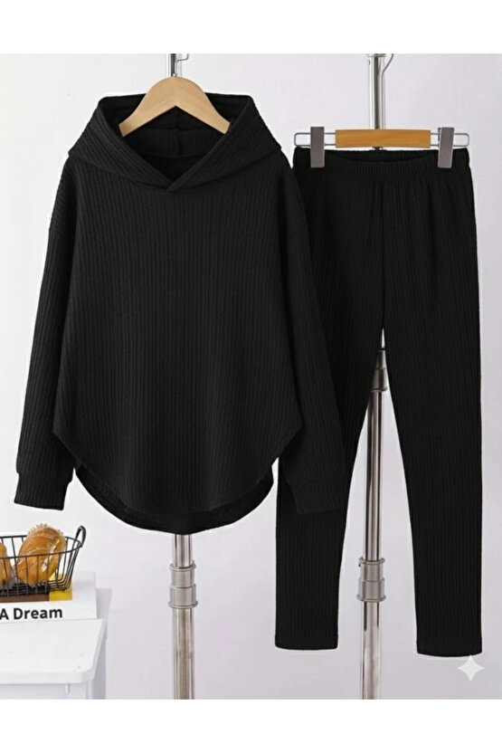 Kadın Uzun Kollu Kapşonlu Meloni Bluz Ve Pantolon Ikili Takım