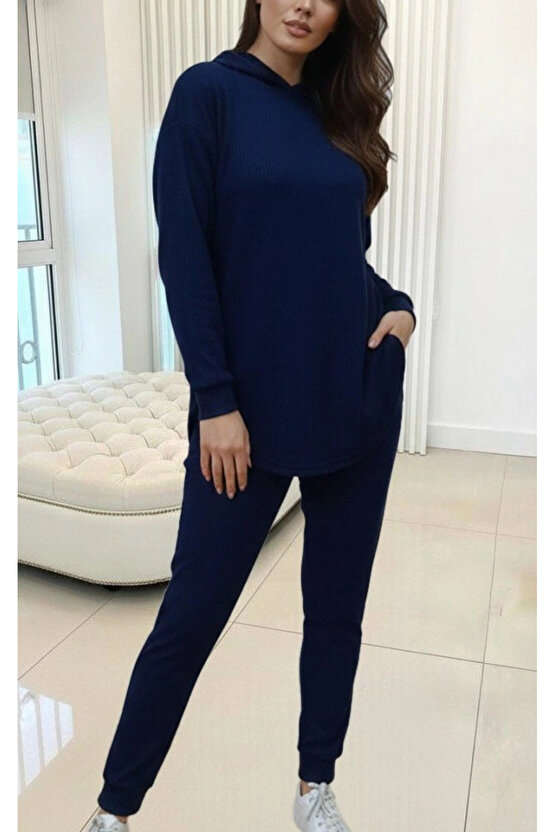 Kadın Uzun Kollu Kapşonlu Meloni Bluz Ve Pantolon Ikili Takım