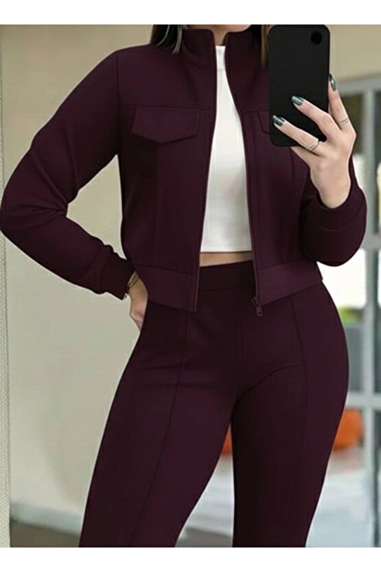 MDB Kadın Uzun Kollu önden Fermuarlı Kısa Modal Mor Ceket Ve Pantolon Ikili Takım