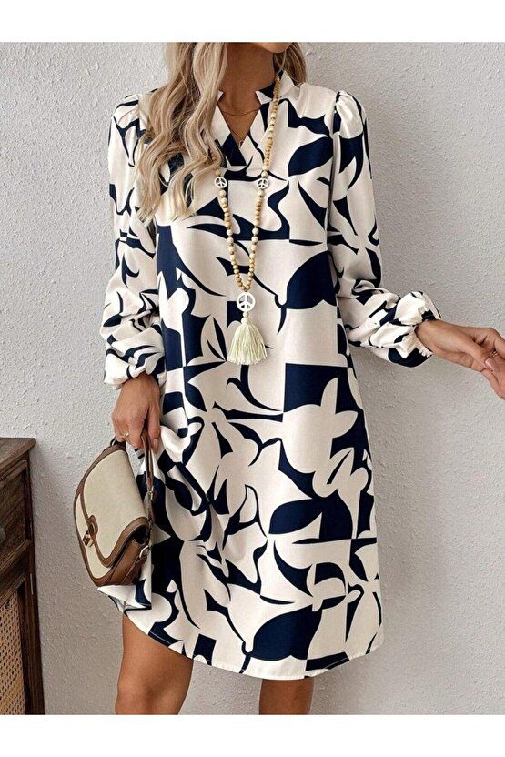 Kadın Uzun Kollu V Yakalı Desenli Modal Mini Elbise