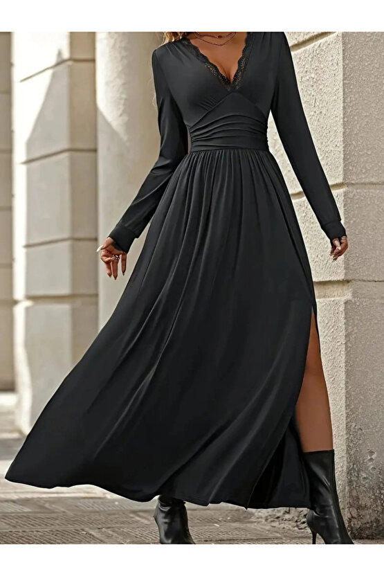 Kadın Uzun Kollu V Dantel Yakalı Yırtmaçlı Uzun Sandy Elbise