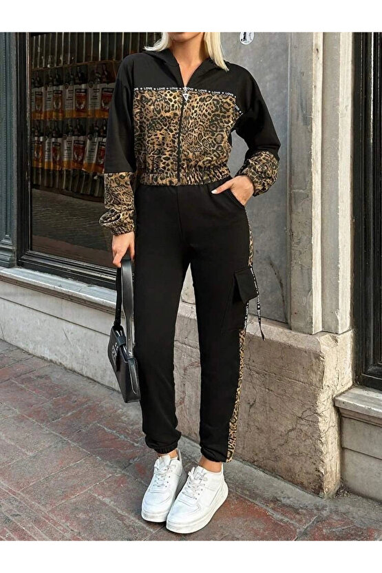 MDB Kadın Uzun Kollu Kapşonlu Leopar Desenli Viskon Iki Iplik Bluz Ve Pantolon Ikili Takım