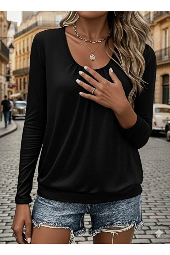 MDB Kadın Uzun Kollu Yuvarlak Yakalı Viskon Bluz