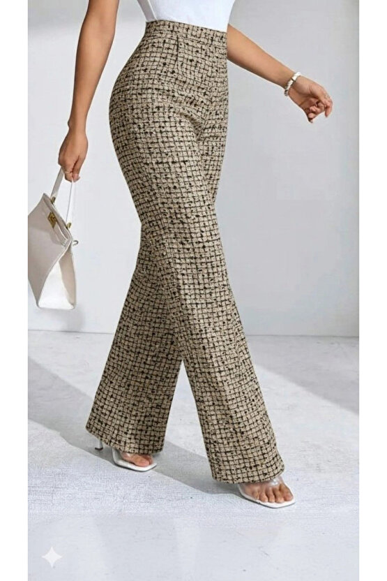 Kadın Yüksek Bel Paçaya Doğru Geniş Dokuma Pantolon