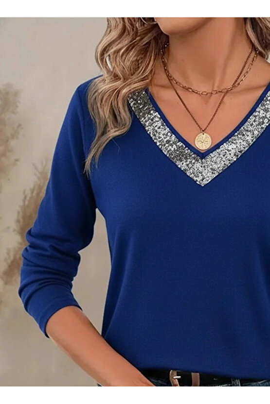 MDB Kadın Uzun Kollu V Payet Yakalı Viskon Bluz