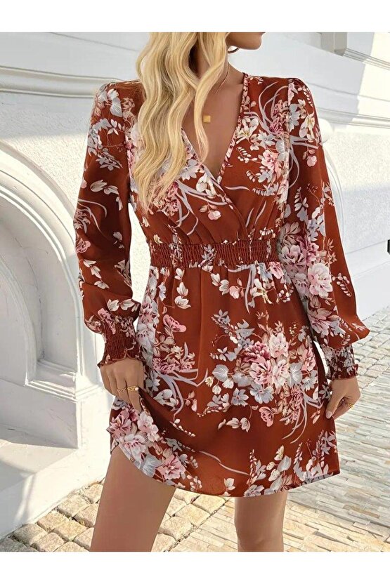Kadın Uzun Kollu Kruvaze Yakalı çiçek Desenli Mini Süprem Elbise