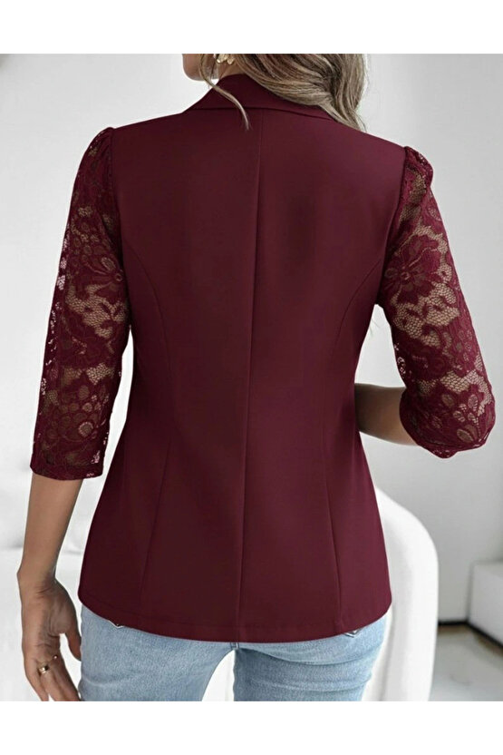 Kadın Uzun Kollu Truvakar Kol önden Düğmeli Cepli Dantelli Atlas Ceket