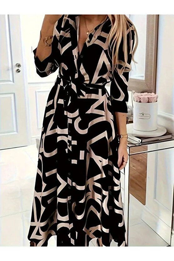 MDB Kadın Uzun Kollu Yakalı önden Düğmeli Uzun Süprem Elbise