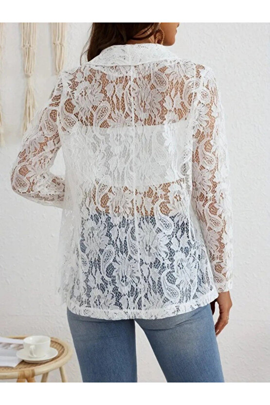 Kadın Uzun Kollu Yakalı önü Açık Dantelli Ceket