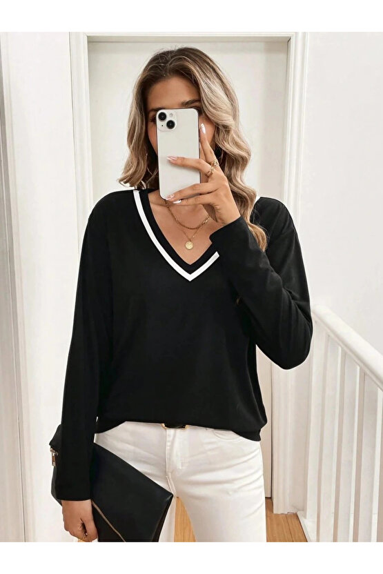 Kadın Uzun Kollu V Yakalı Viskon Iki Iplik Bluz
