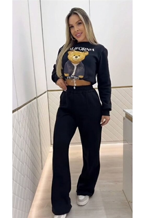 Kadın Uzun Kollu Bisiklet Yaka Desenli Iki Iplik şardonlu Bluz Ve Pantolon Ikili Takım