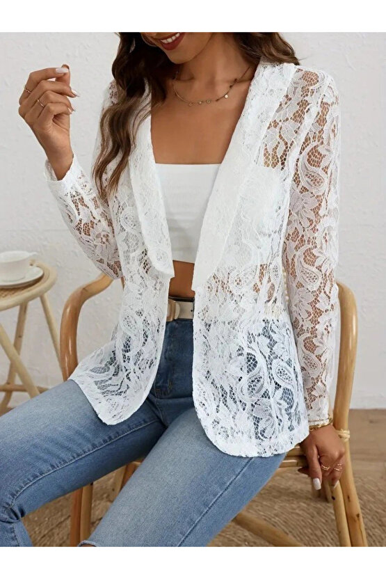 Kadın Uzun Kollu Yakalı önü Açık Dantelli Ceket