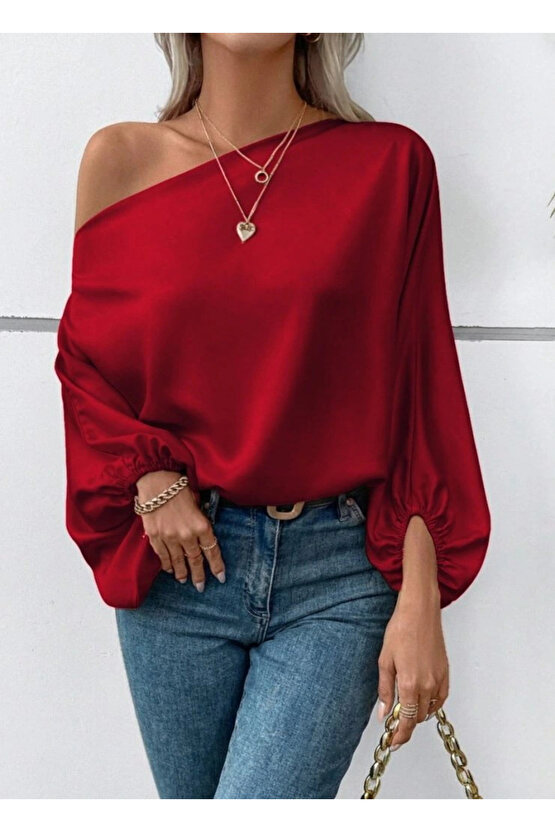 Kadın Tek Omuzu Açık Uzun Kollu Salaş Sandy Bluz