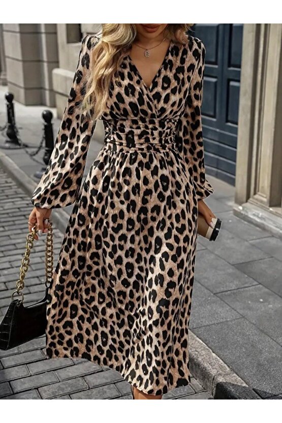 Kadın Uzun Kollu Kruvaze Yaka Belden Oturtmalı Midi Modal Leopar Desenli Elbise