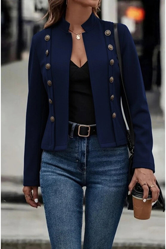 Kadın Uzun Kollu Hakim Yaka Yanlardan Düğmeli Kısa Süet Ceket