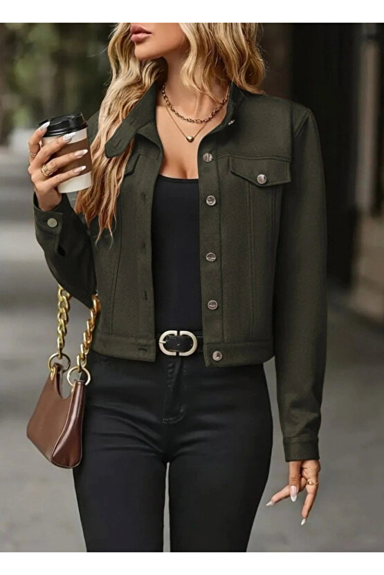 Kadın Uzun Kollu önden Düğmeli Kısa Süet Ceket