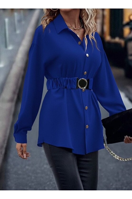 Kadın Uzun Kollu Yakalı önden Düğmeli Belden Kemerli Ithal Krep Bluz