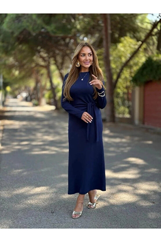Kadın Uzun Kollu Bisiklet Yaka Yandan Bağlamalı Uzun Modal Elbise