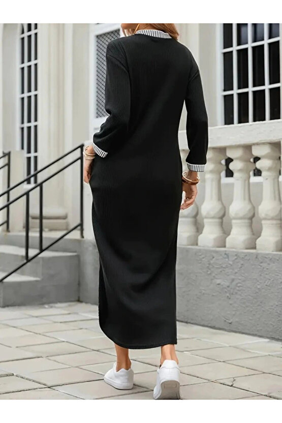 MDB Kadın Uzun Kollu V Yakalı Yanlardan Yırtmaçlı Uzun Viskon Iki Iplik Elbise