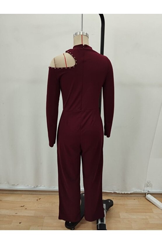 Kadın Tek Omuzdan Açık Balıkçı Yaka Taş Detaylı Uzun Ithal Krep Tulum