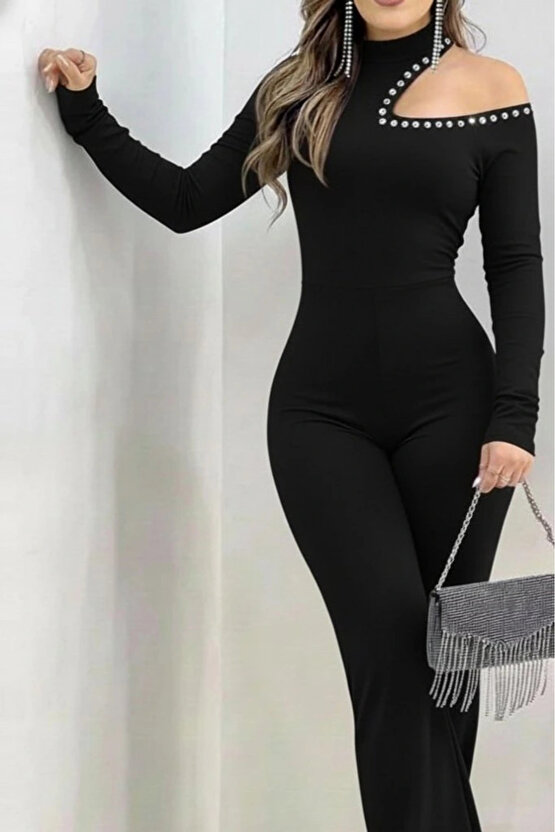 Kadın Tek Omuzdan Açık Balıkçı Yaka Taş Detaylı Uzun Ithal Krep Tulum