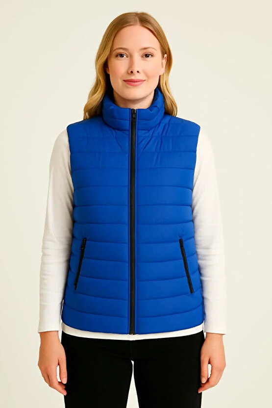 Kadın Şişme Fermuarlı Yelek Su itici Kapitone Astarlı Kumaş Cepli Hafif Kışlık Spor Rahat Kalıp - Sa