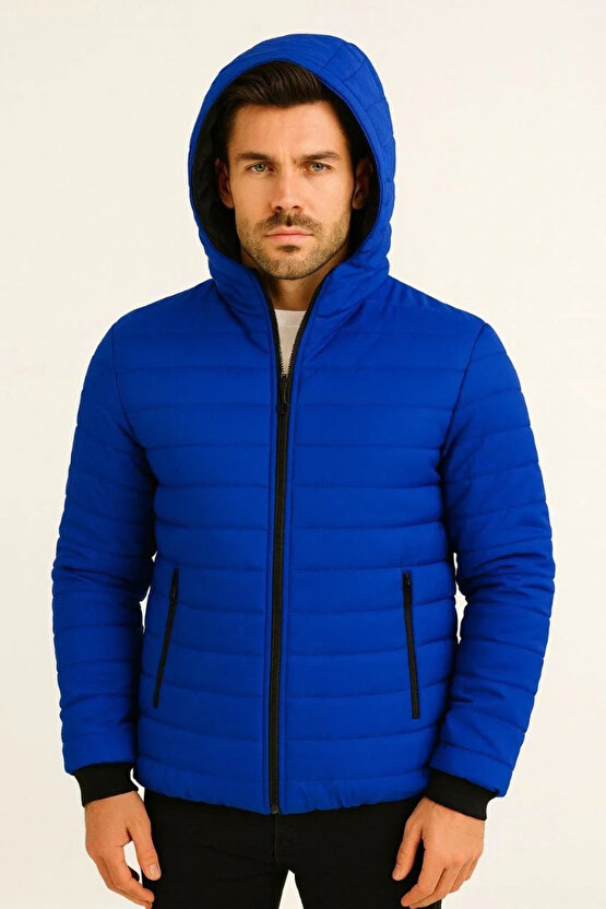 Erkek Şişme Kapüşonlu Fermuarlı Mont Su itici Kapitone Astarlı Kumaş Cepli Kışlık Rahat Kalıp - Saks