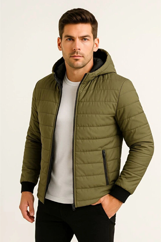 Erkek Şişme Kapüşonlu Fermuarlı Mont Su Itici Kapitone Astarlı Kumaş Cepli Kışlık Rahat Kalıp - Haki