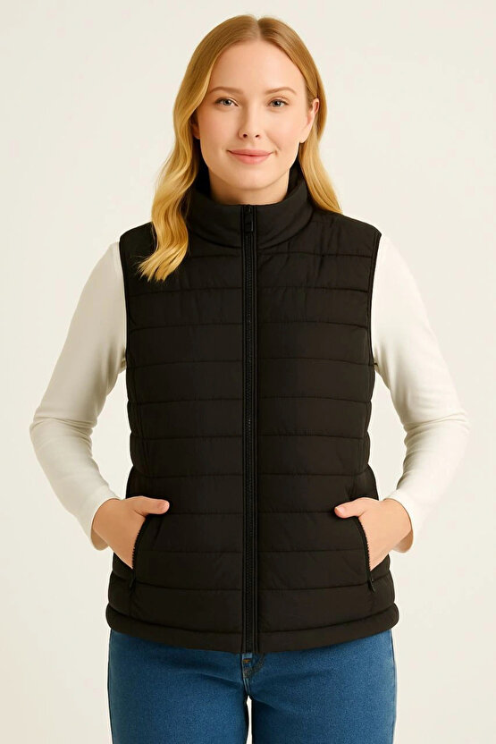 Kadın Şişme Fermuarlı Yelek Su itici Kapitone Astarlı Kumaş Cepli Hafif Kışlık Spor Rahat Kalıp - Si