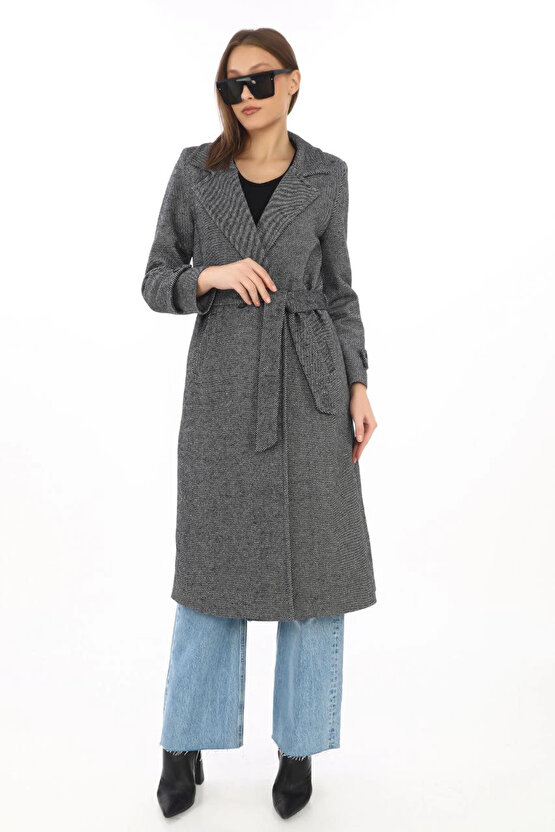 Kadın Balık Sırtı Kaşe Kaban – Uzun Boy Kruvaze Yaka Kuşaklı Astarlı Kışlık Tesettür Kaban, Yünlü Do