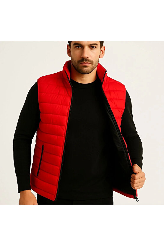 Erkek Şişme Fermuarlı Yelek Su itici Kapitone Astarlı Kumaş Cepli Hafif Kışlık Spor Rahat Kalıp - Kı