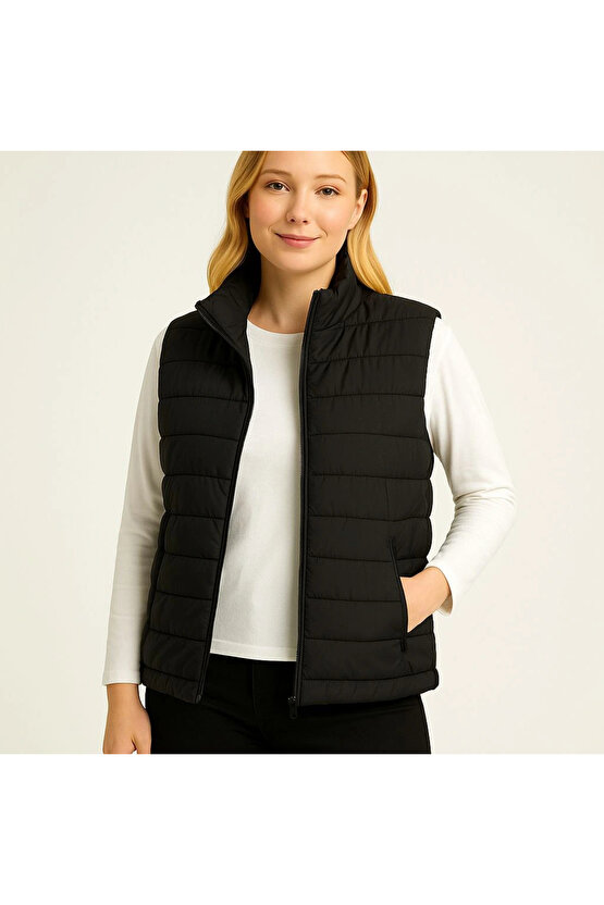 Kadın Şişme Fermuarlı Yelek Su itici Kapitone Astarlı Kumaş Cepli Hafif Kışlık Spor Rahat Kalıp - Si