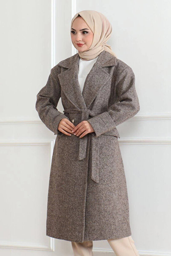 Kadın Kaşe Kaban – Uzun Boy Kruvaze Yaka Kuşaklı Tesettür Kaşe Kışlık Kaban, Astarlı Şık Yünlü Dokum