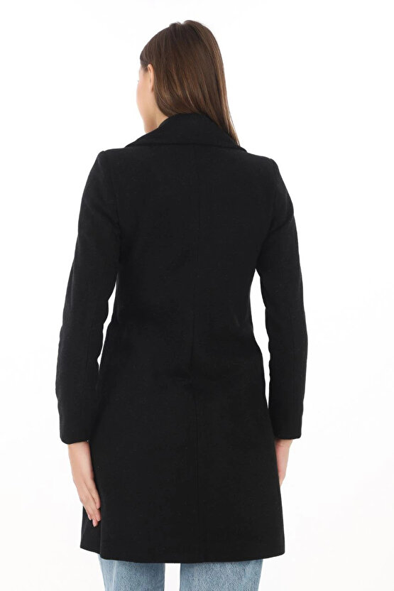 Kadın Kaşe Kaban – Siyah Yünlü Dokuma, Kruvaze Yaka, Astarlı, Cepli, Kuşaklı Uzun Boy Tesettür Uyuml