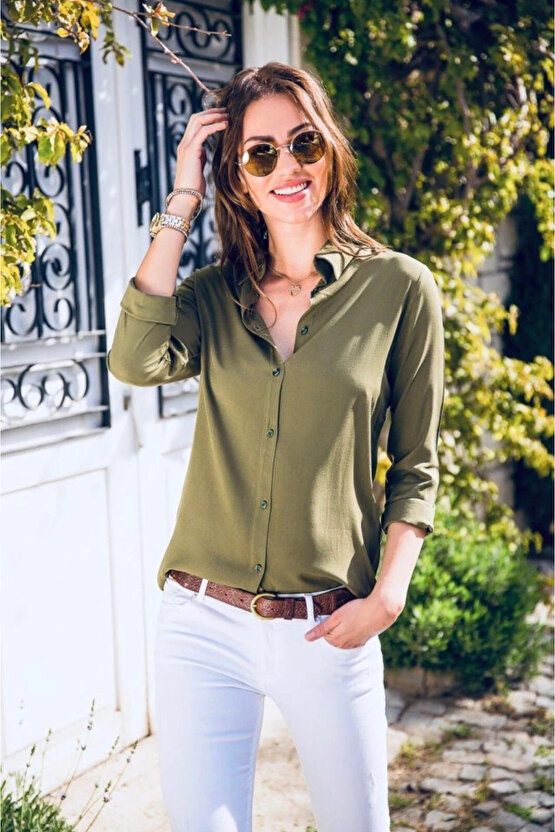 Kadın Uzun Kollu Dokuma Kumaş Klasik Gömlek